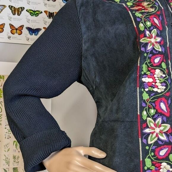 Vintage 90s Maurice Sasson Suede Jacket Ribbed Knit Black Floral Embroidery L - Picture 6 of 9